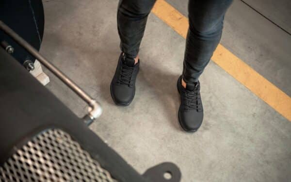 Astra Athletic Safety Sneaker for Women • Nonslip SRO, Puncture Resistant PR, Electrical Hazard EH • Black Silver Action Leather