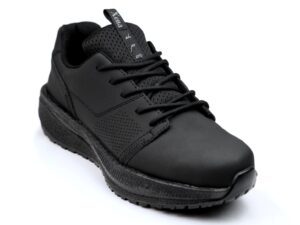 Astra Women's Athletic Work Sneaker • Nonslip SRO, Puncture Resistant PR, Electrical Hazard EH • Black Silver Action Leather • Retail Exclusive