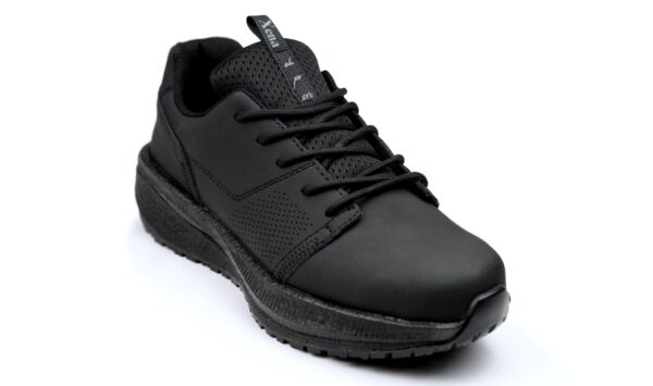 Astra Women's Athletic Work Sneaker • Nonslip SRO, Puncture Resistant PR, Electrical Hazard EH • Black Silver Action Leather • Retail Exclusive