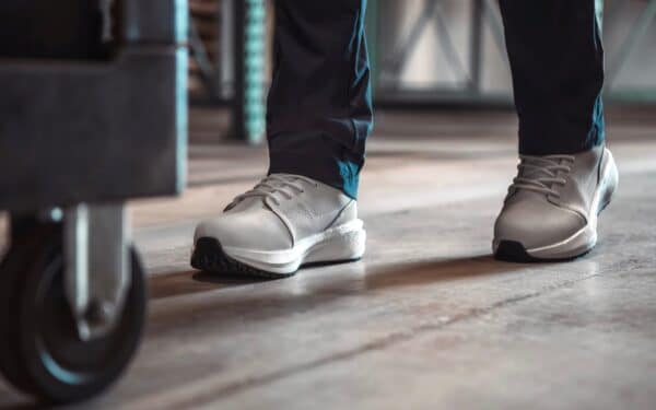 Astra Women's Athletic Safety Shoe • Nonslip SRO, Puncture Resistant PR, Static Dissipative • White Gold Action Leather